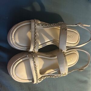 lambskin chanel leather beige wedge heel sizess 10